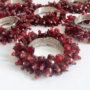 Vintage Set of 6 Red Beaded Silver Kitchen Napkin Rings Holders